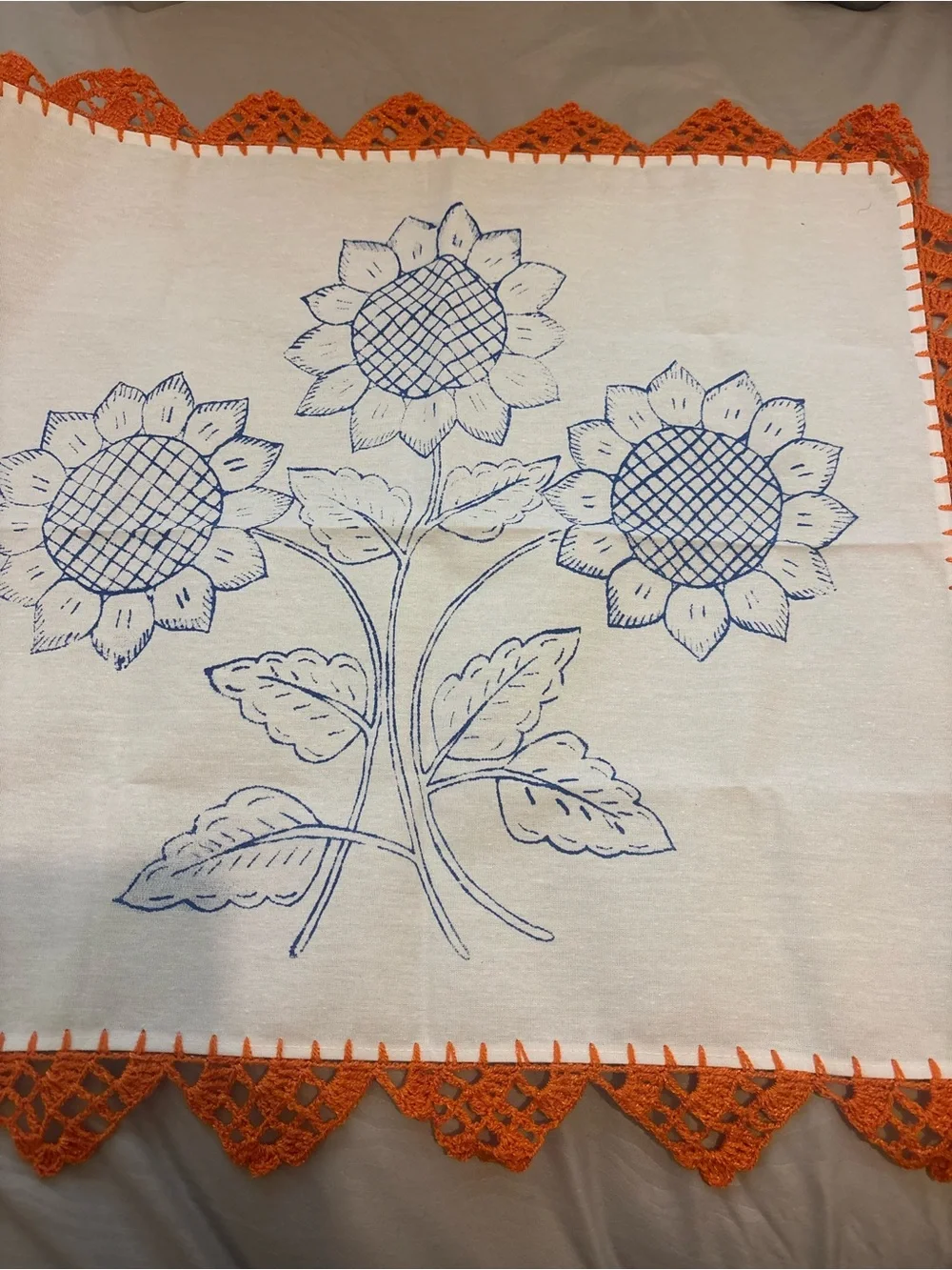 Hand-Embroidered White Tablecloth with Green Crochet Edge
